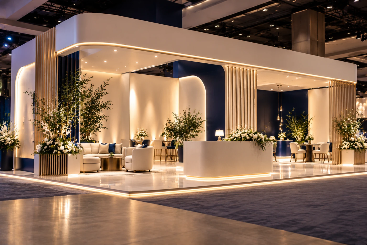 An ivory exhibition stand with a lounge, reception counter and white florals.