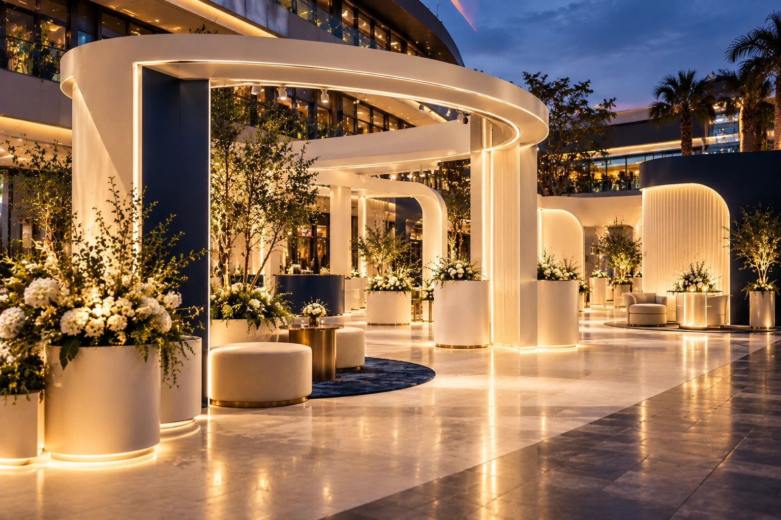 A curved ivory activation pavilion lit at dusk, set with planters and seating.