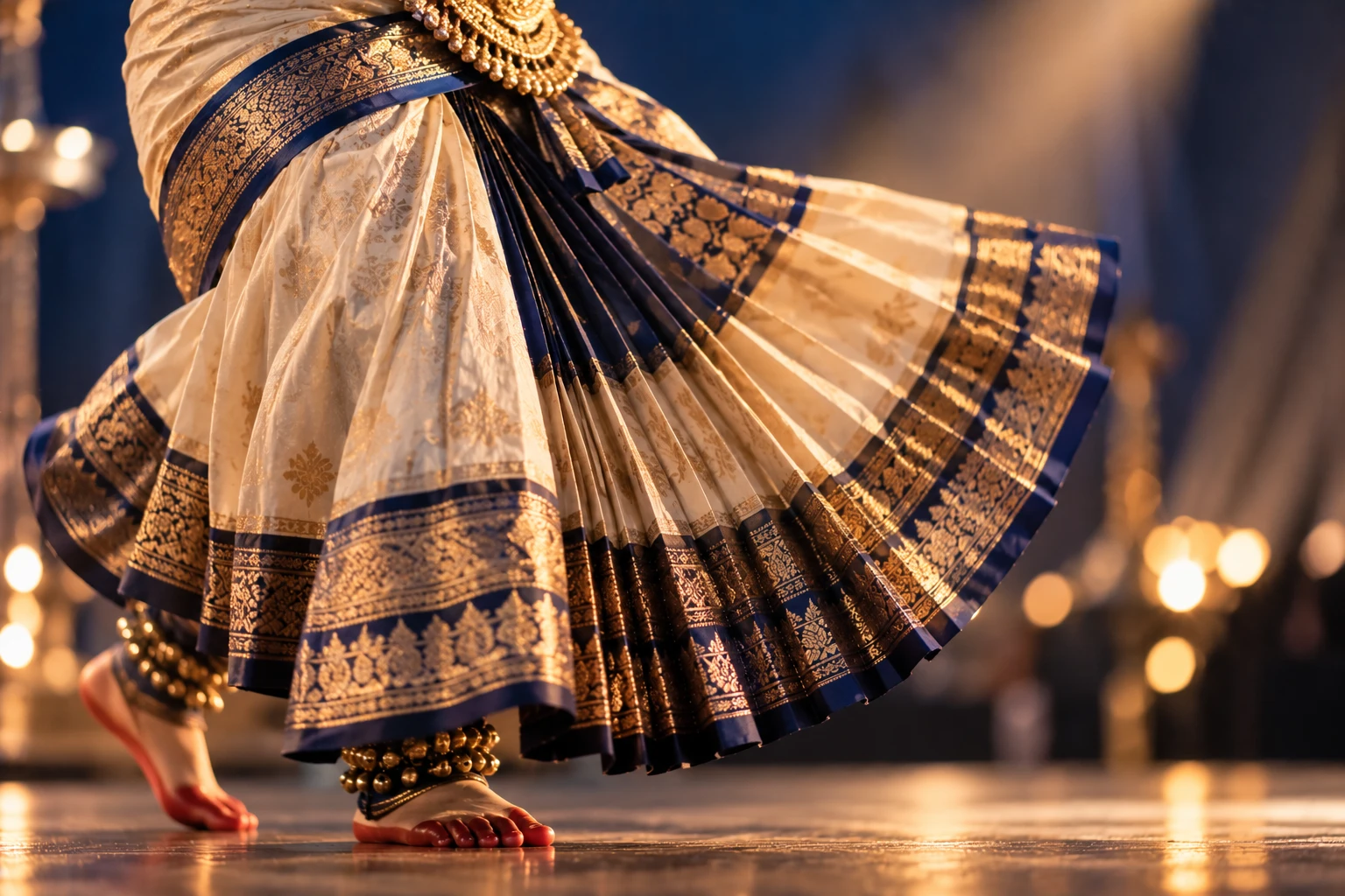 The pleated silk of a classical dance costume caught mid-movement.