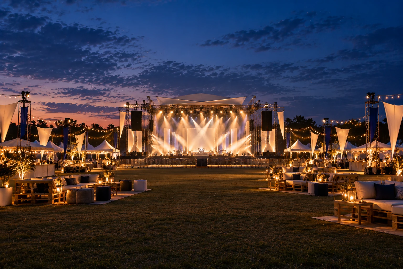 A festival ground at dusk, lounges and string lights before a distant stage.