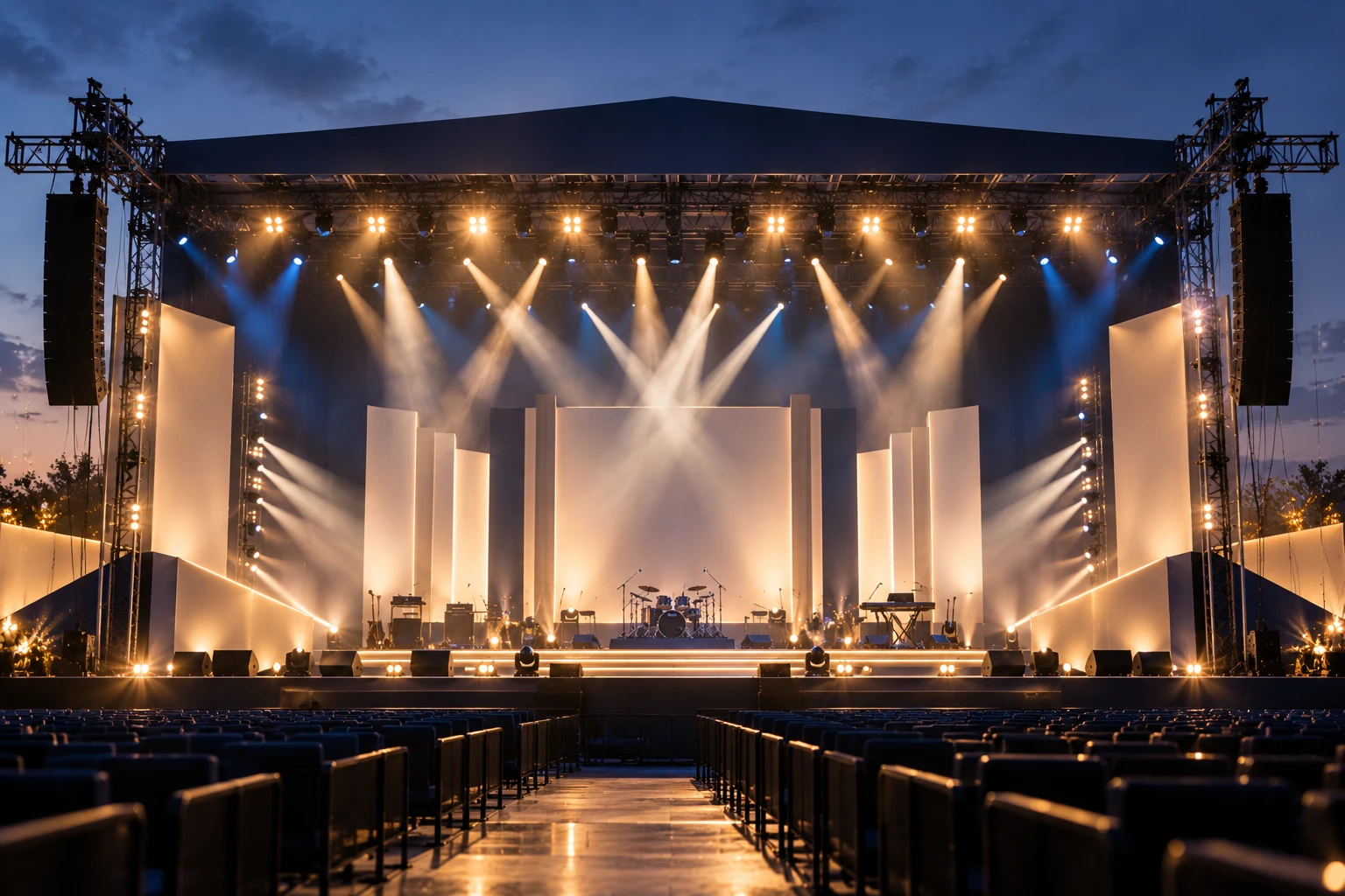 An open-air concert stage lit through haze at dusk, the seating still empty.