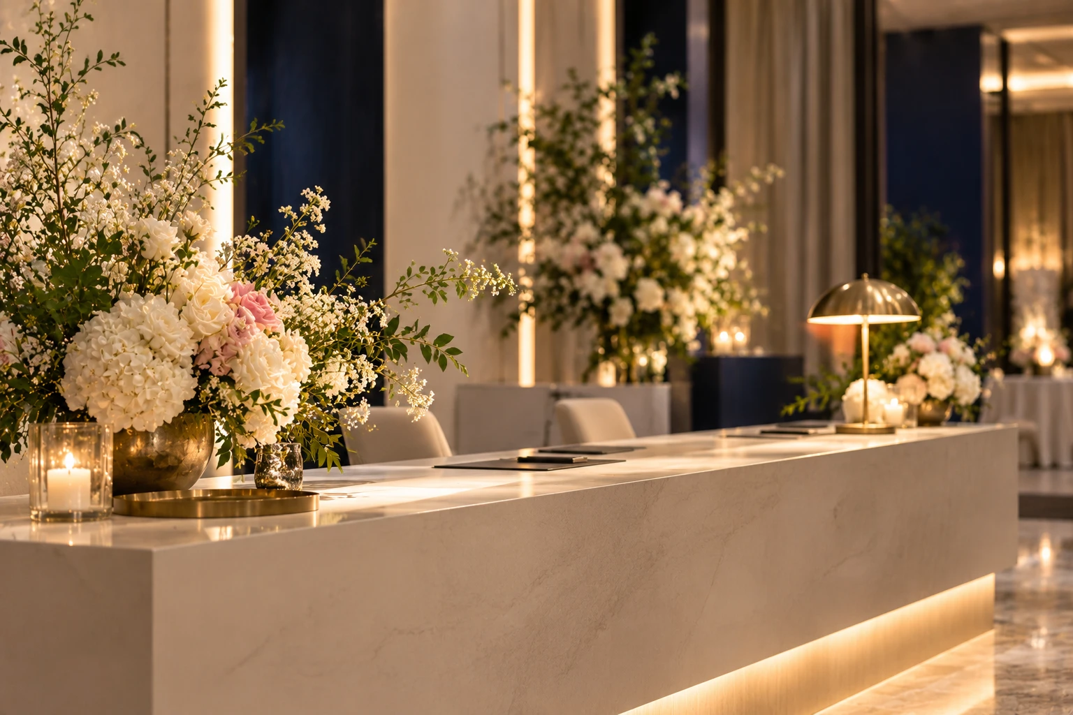 A stone registration counter with florals and a brass lamp, set for arrivals.