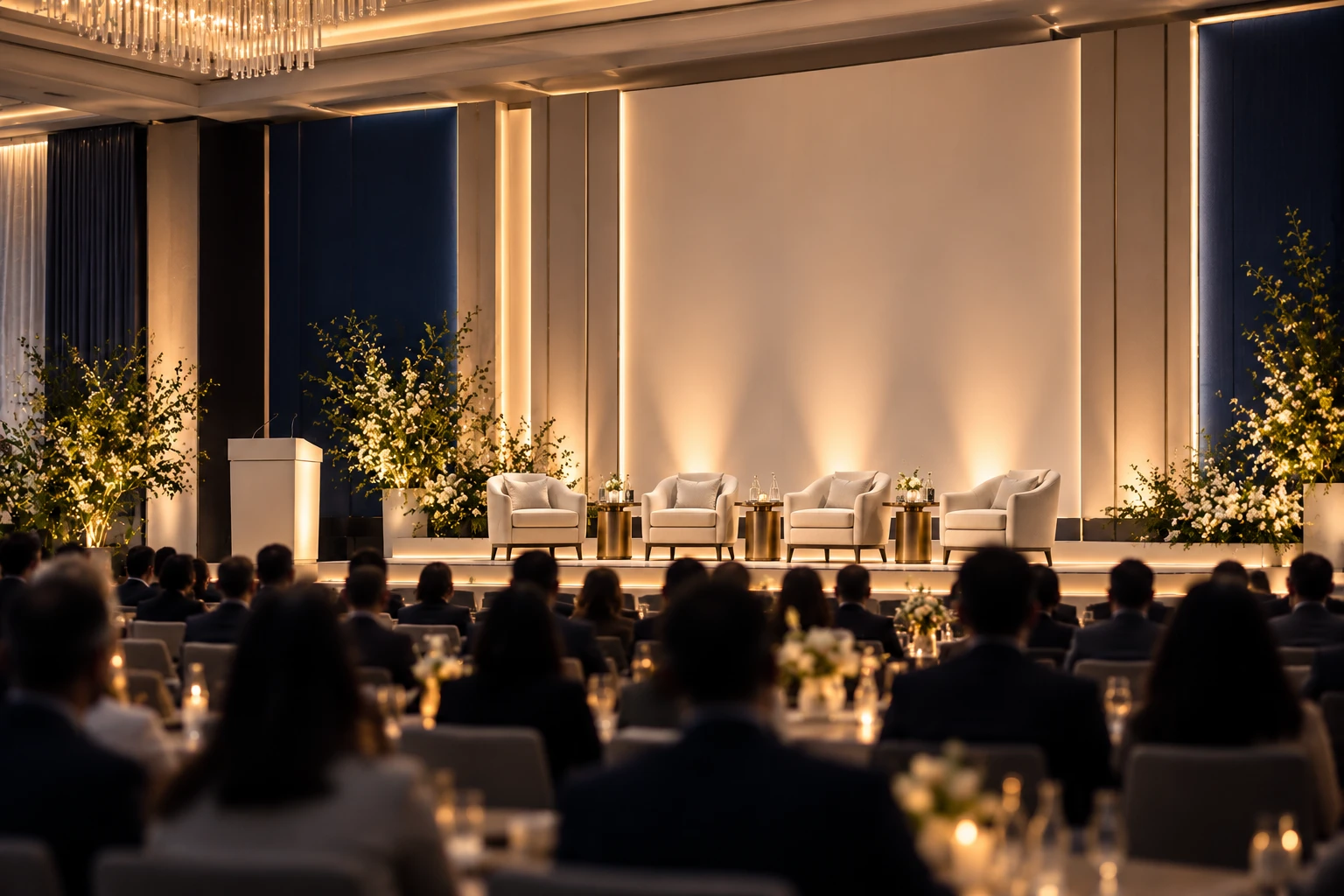 A panel stage of four armchairs seen past a seated audience in silhouette.