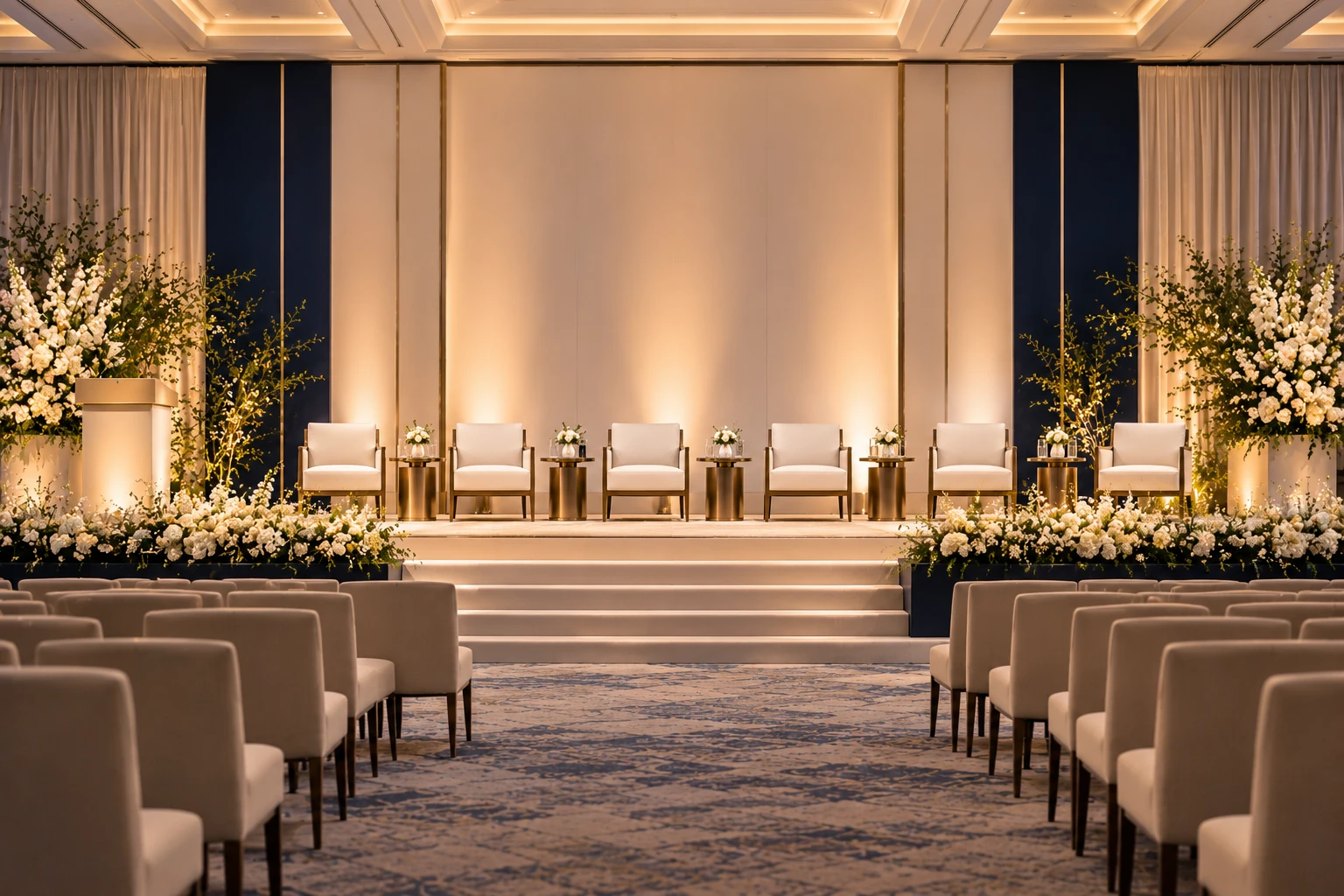 A formal dais of six armchairs and a lectern, banked with white florals.