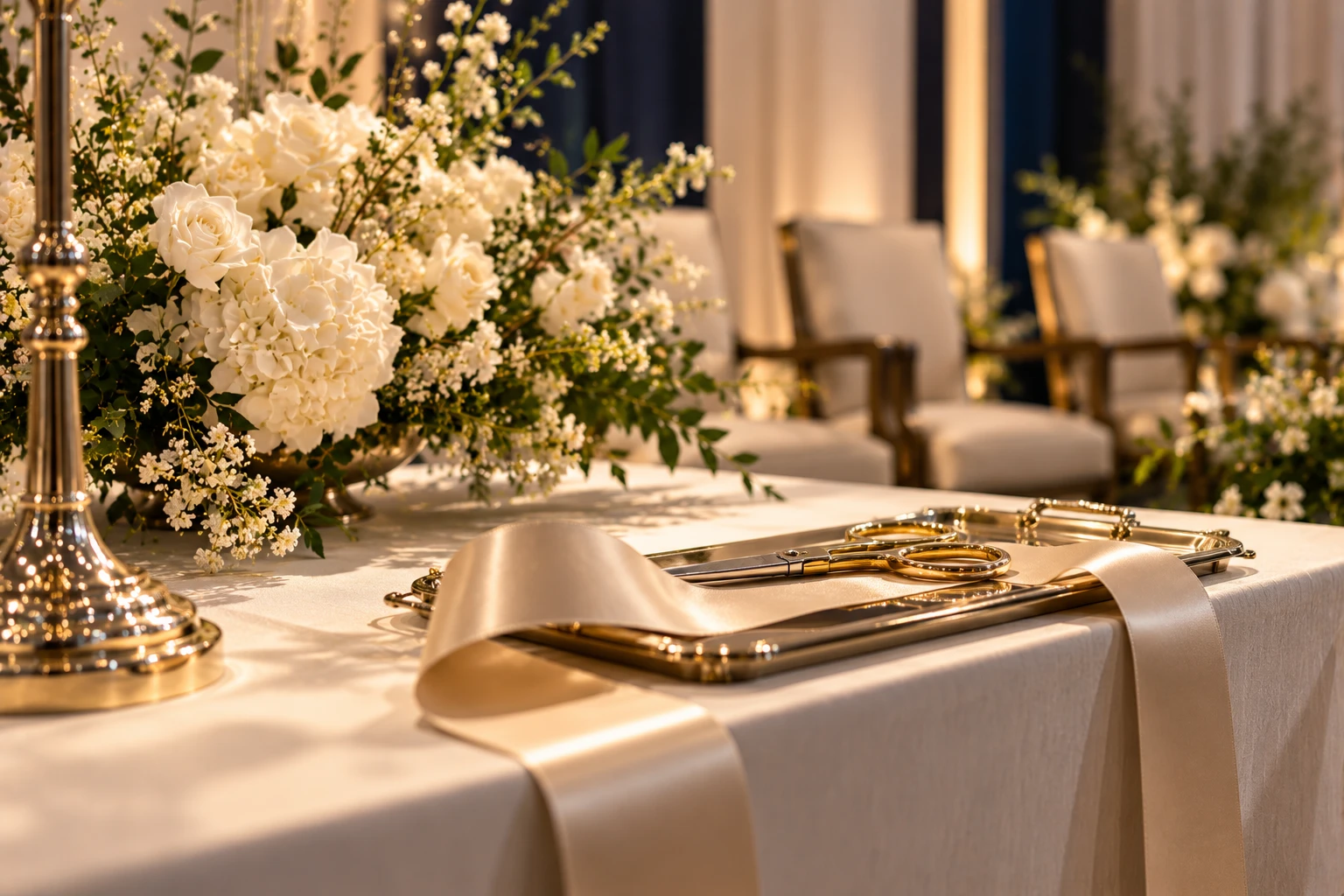 A ceremonial ribbon and scissors on a tray beside white florals.