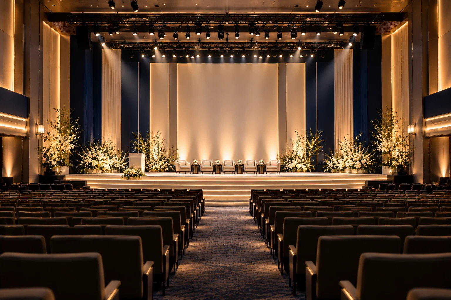 A large auditorium in low light, its rows of seating facing a lit formal stage.