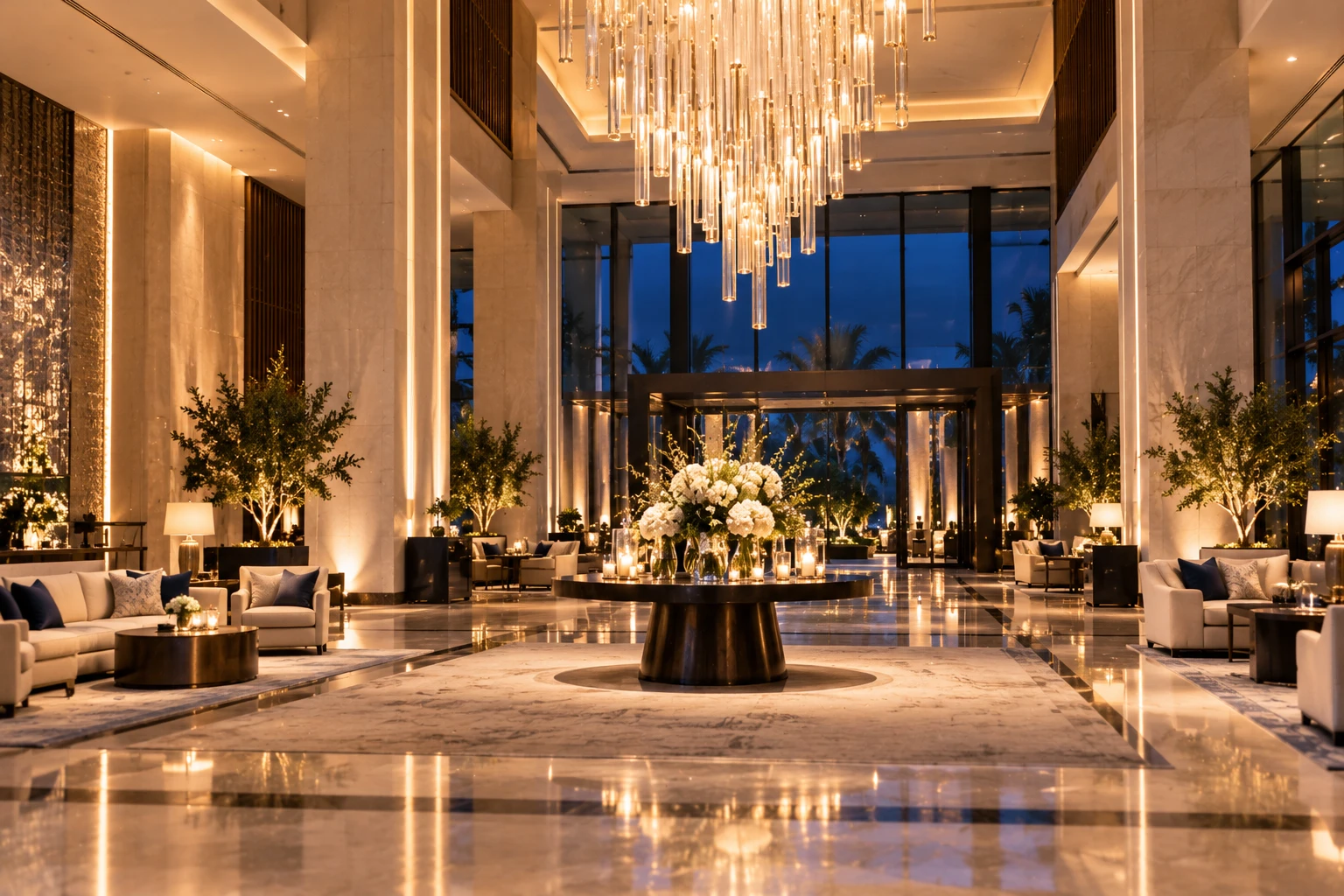 A hotel lobby beneath a glass chandelier, with a floral centrepiece.