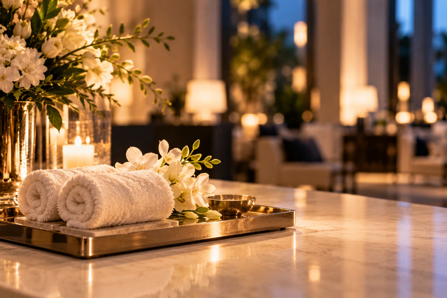 Rolled towels and fresh flowers on a welcome tray at a lobby counter.