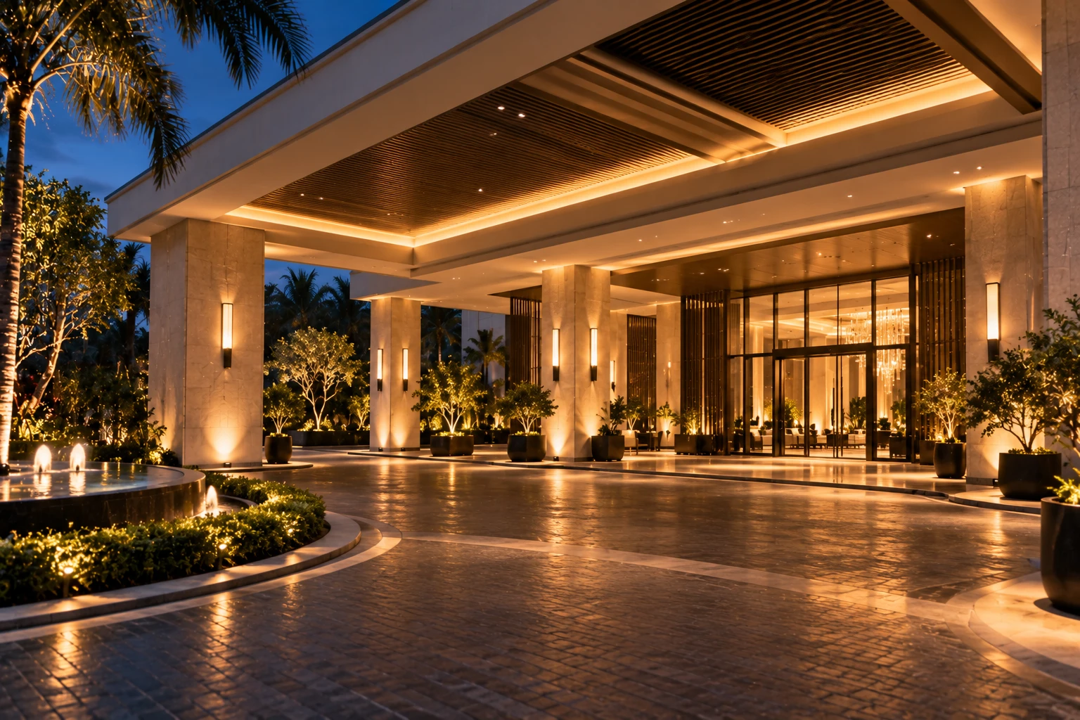 A hotel porte-cochère lit warmly at dusk, palms and a fountain at the drive.