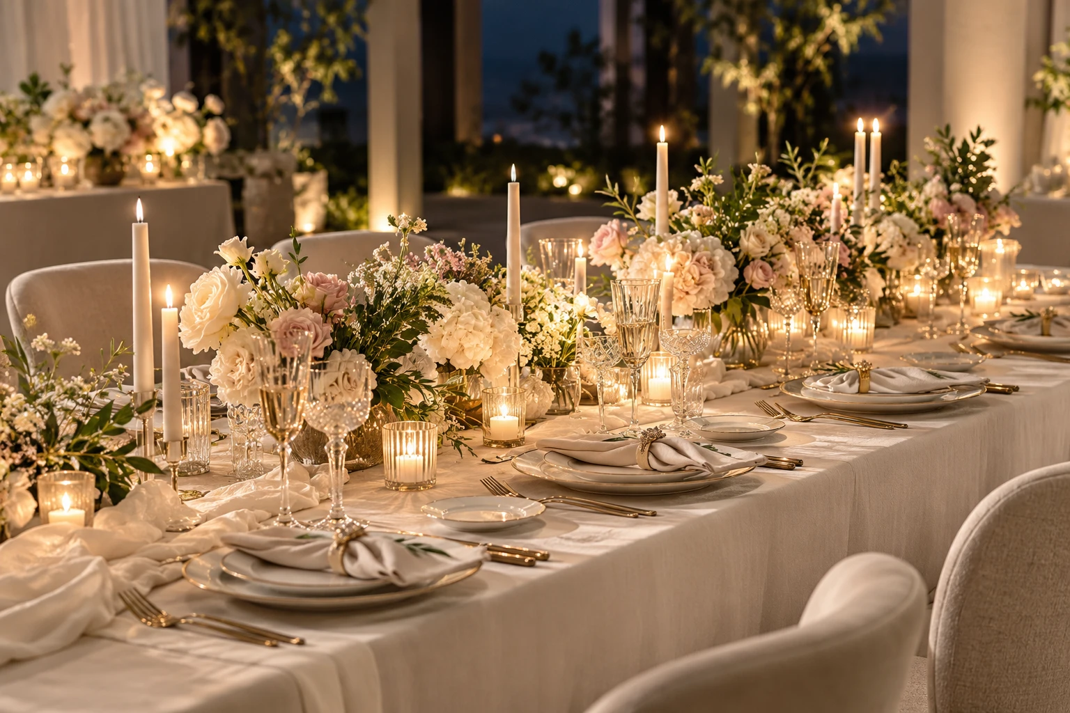 A long dining table laid with tapers, crystal and blush-and-ivory florals at night.