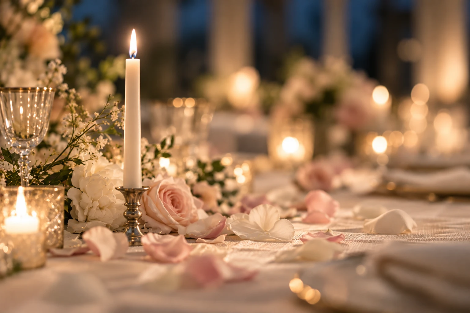 A lit taper among scattered rose petals on an ivory tablecloth.