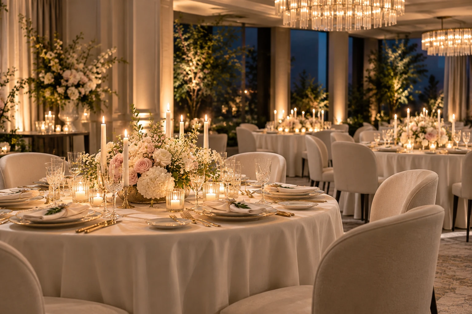 A private dining room of round candlelit tables beneath glass chandeliers.