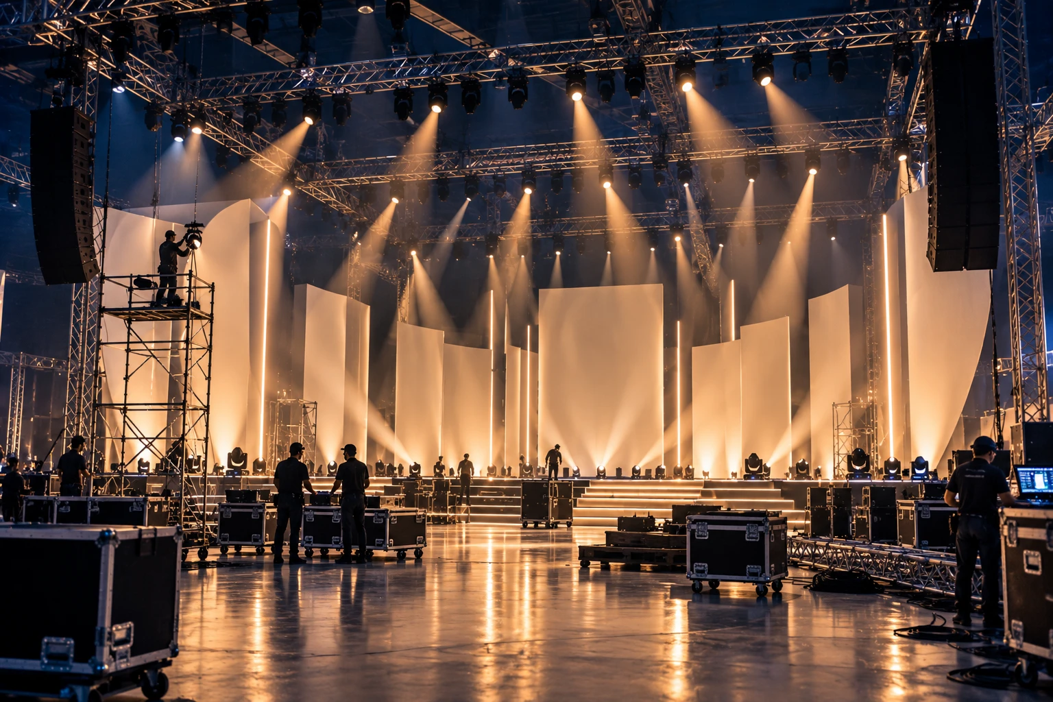 Crew focusing lights on an ivory stage set during a build.