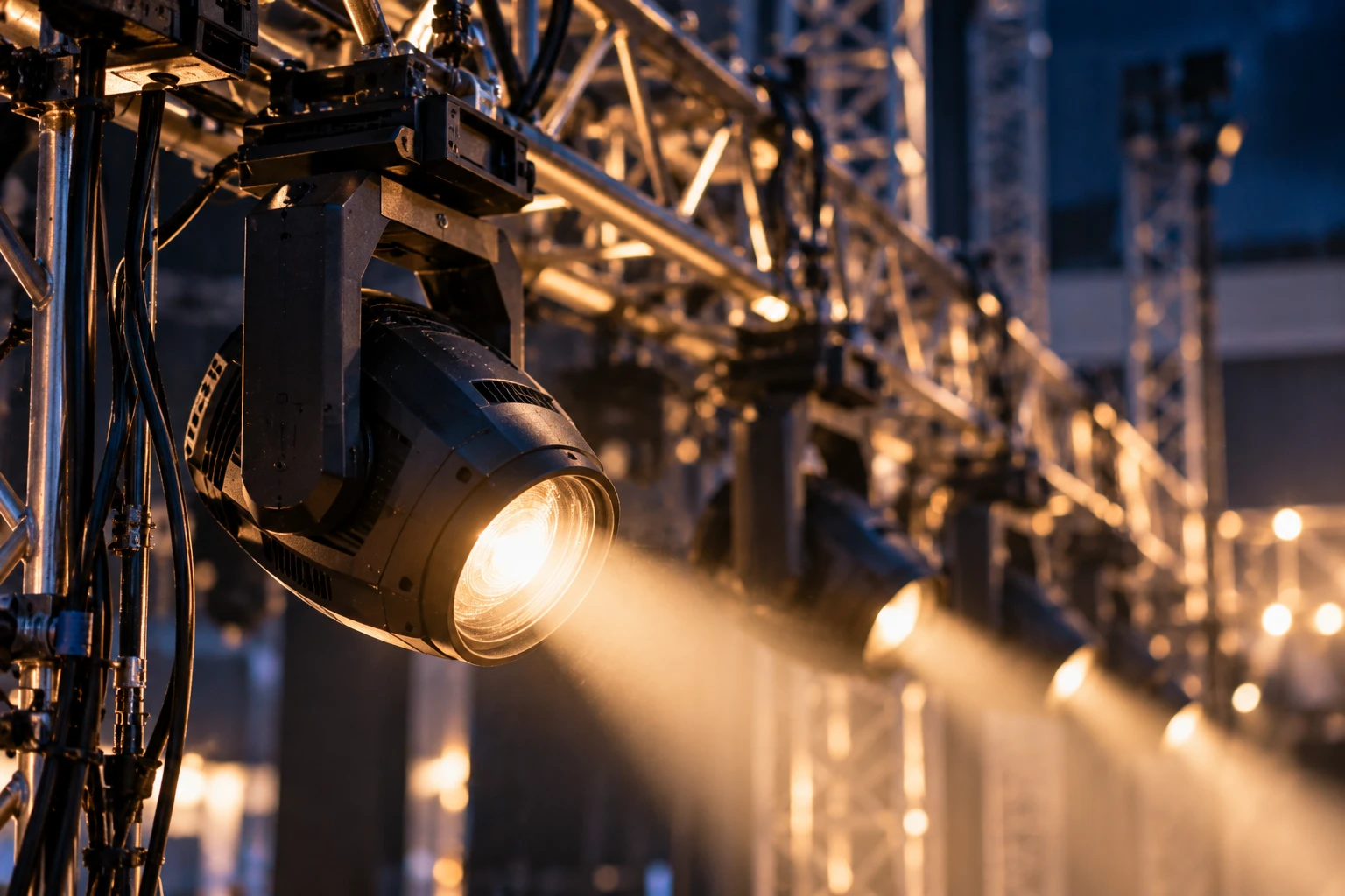 A moving-head lighting fixture rigged on truss, its beam cutting through haze.