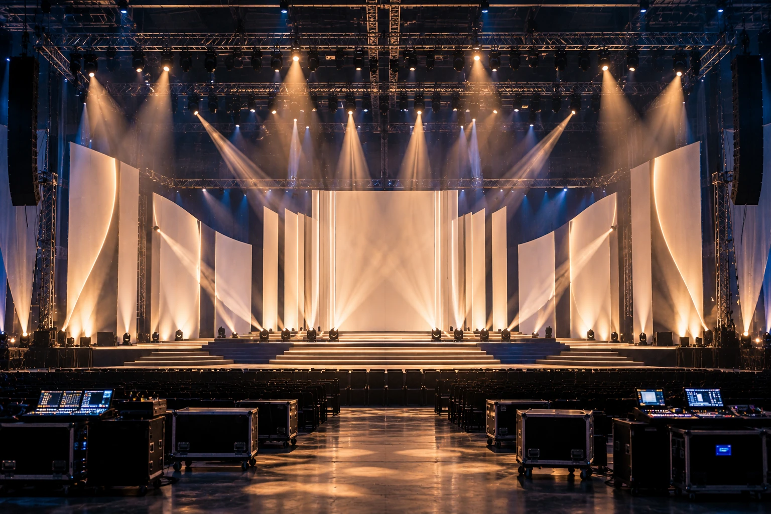 A finished stage set seen from the house, beams falling on ivory panels.
