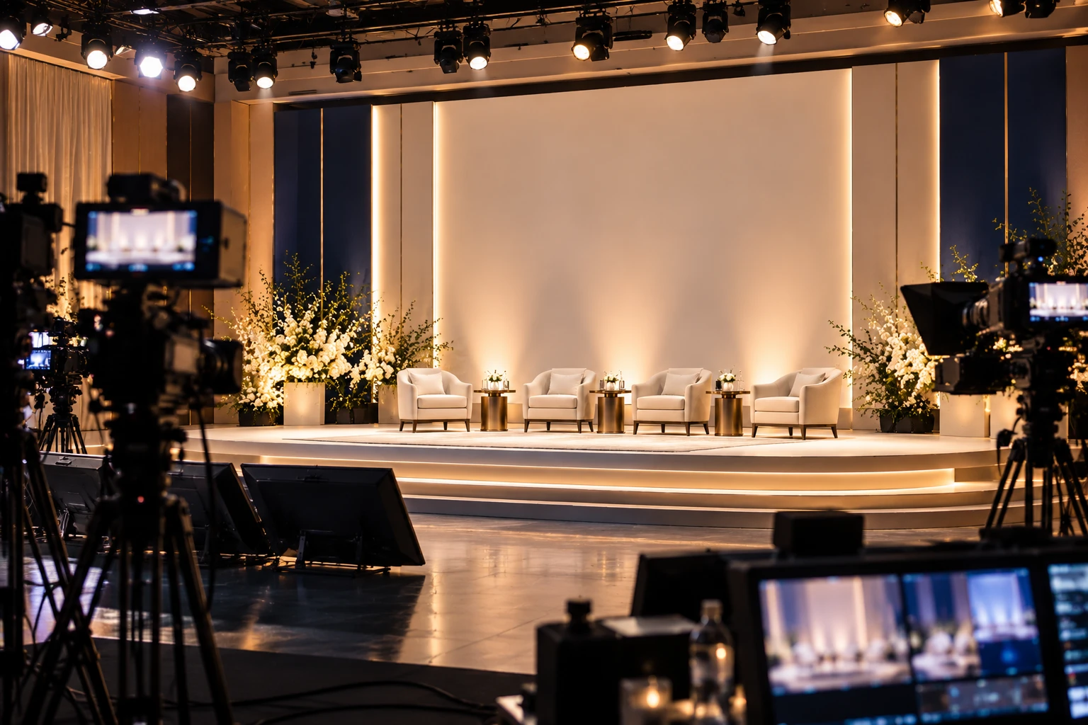 Broadcast cameras in the foreground of a lit studio stage set for a panel.