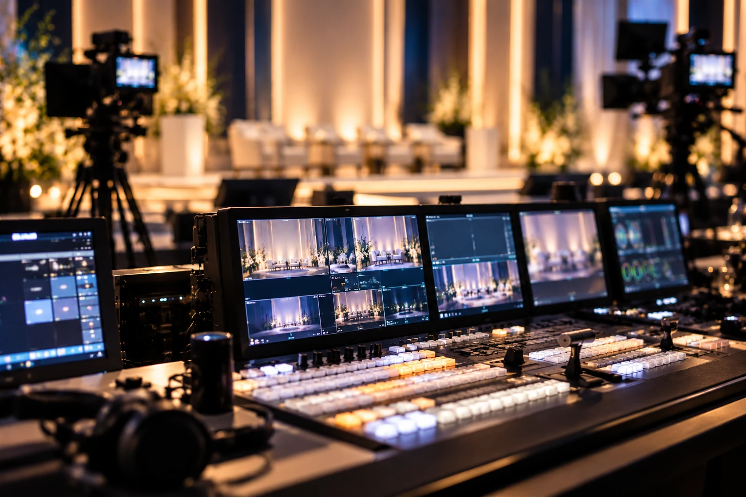 A vision mixing desk and preview monitors in close detail.