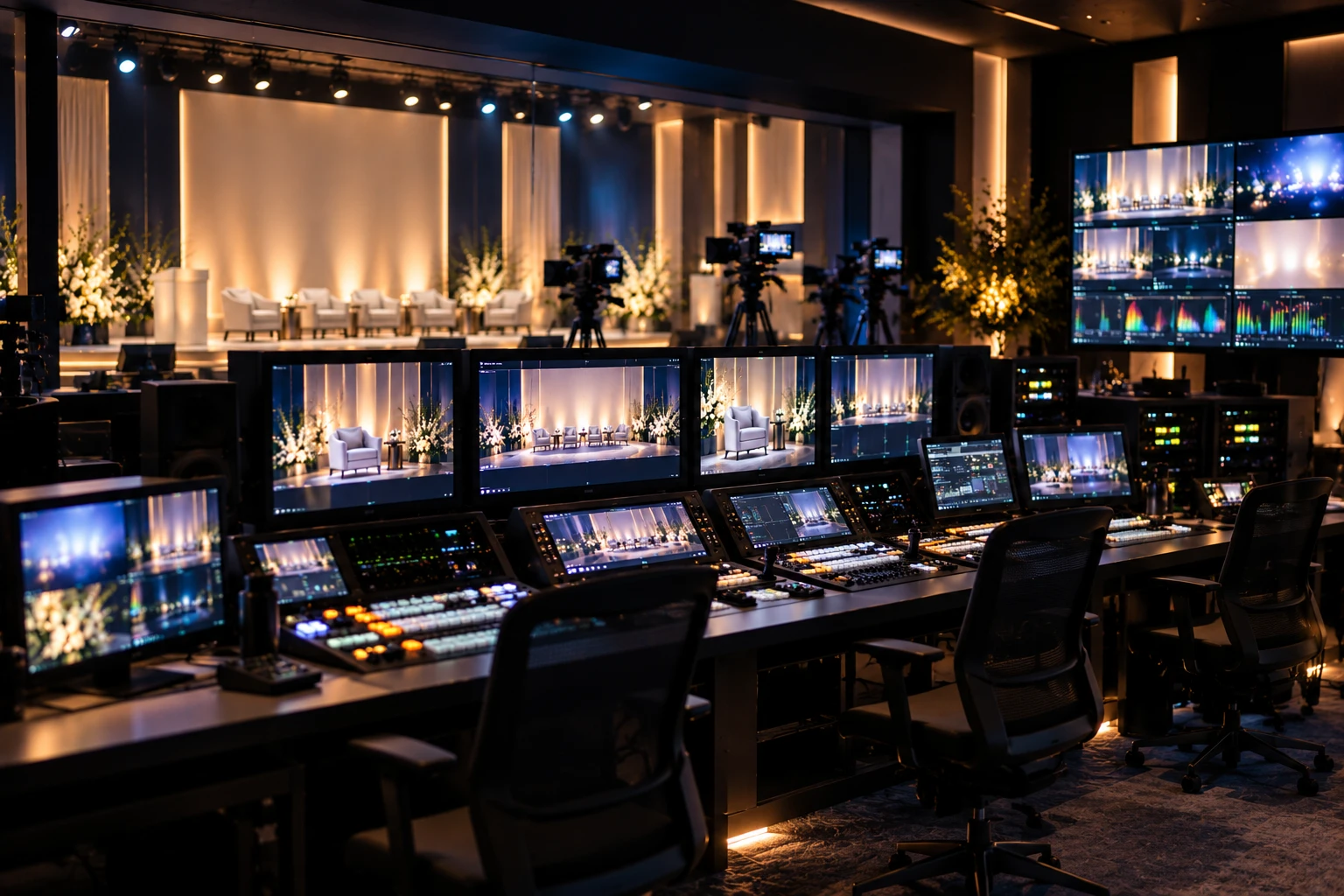 A broadcast control room of monitors and desks facing a lit stage.