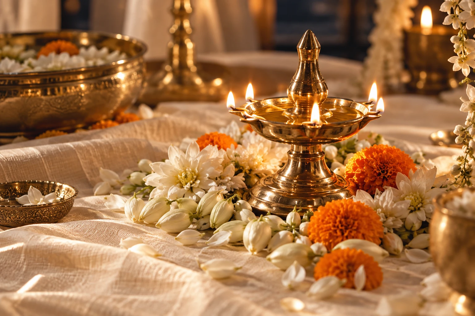 A lit brass oil lamp among jasmine and marigold on an ivory cloth.