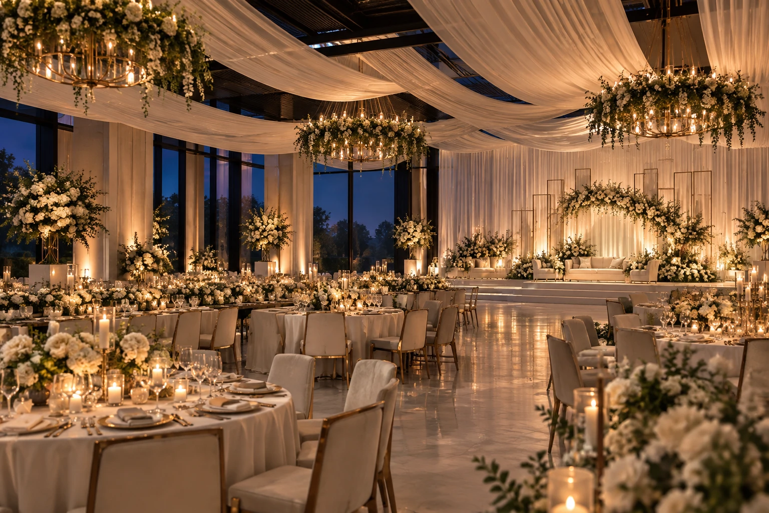 A dressed wedding reception hall in warm evening light before guests arrive.
