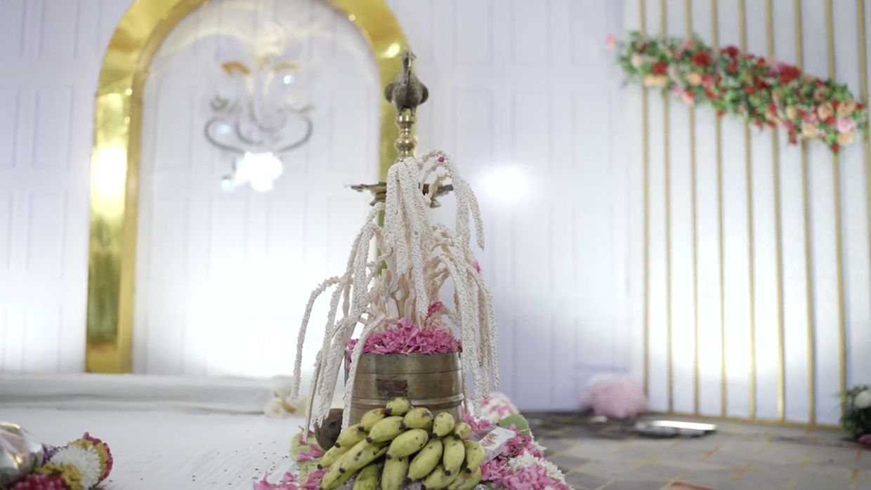 South Indian wedding décor arranged before the ceremony.